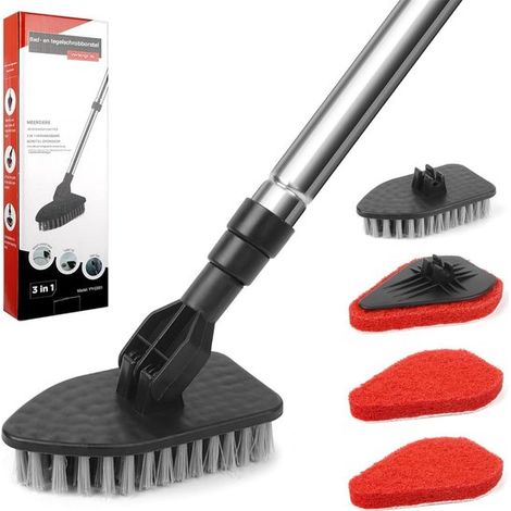 Set di pulizia 3 in 1 per bagno e cucina - Pulizia senza graffi - Set di spazzole - Nero - 1 manico + 3 spugne + 1 spazzola per pavimenti (1/5)
