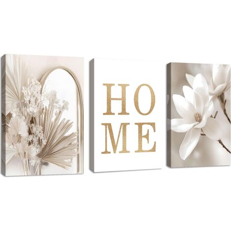 3Pcs Boho Beige Blanc Accueil Magnolia Tableau Décoration Murale Salon Impression sur Toile Nordique Minimalisme Famille Image sur Toile Peintures sur Toile Décor Murale pour Chambre Maison 30x40cmx3 (1/5)