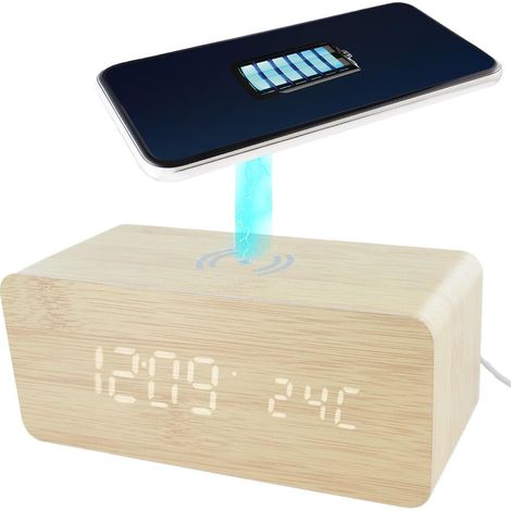 Réveil 2-en-1 Chargeur à Induction Effet Bois Clair (1/5)