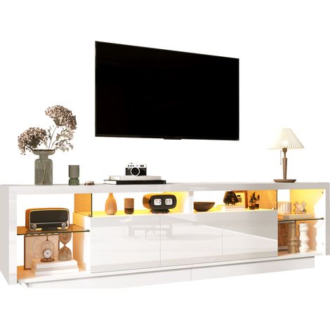 Meuble TV moderne blanc à trois portes brillantes, niches latérales avec étagères en verre transparent et LED multicolore pilotable par appli  CHICFURN (1/5)