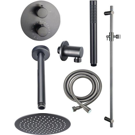 FugaFlow Eccelente Acces Ensemble de douche pluie encastré - rond - thermostatique - bras de plafond - barre coulissante - pomme de tête 25 cm -