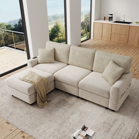 Canapé 3 places, canapé d'angle moderne avec 1 repose-pieds, 2 coussins carrés, 1 port USB et 1 port Type-C, beige (1/5)