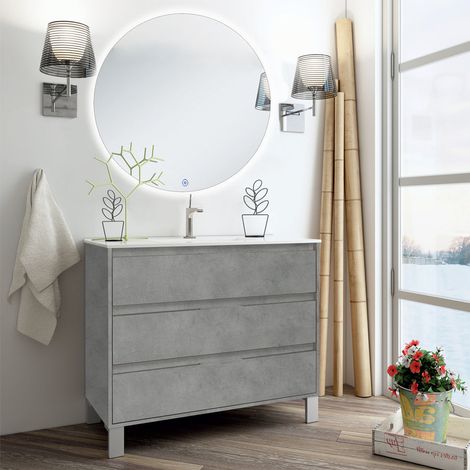 Meuble de salle de bain simple vasque - 3 tiroirs - ciment (gris) - TIRIS 3C et miroir rond Led SOLEN - 80cm (1/5)
