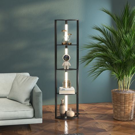 Lampadaire sur pied salon, lampadaire avec étagères d'angle à 4 niveaux, lampe LED dimmable, 41x29,5x163,5cm, noir