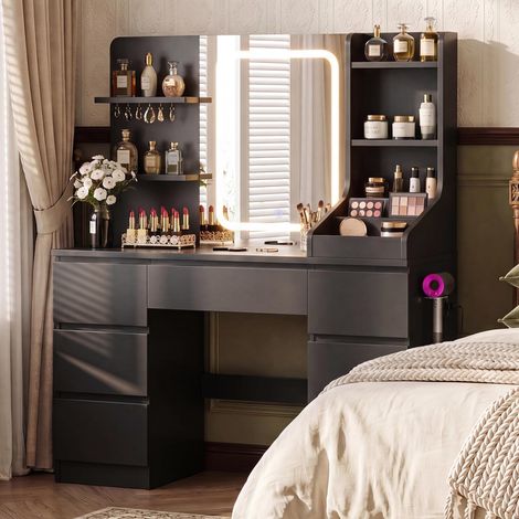 Grande Coiffeuse avec Miroir LED, Luminosité Réglable, Table de Maquillage avec 4 Étagères et 7 Tiroirs, Meuble pour Chambre Moderne (Noir (avec Prise)) (1/5)