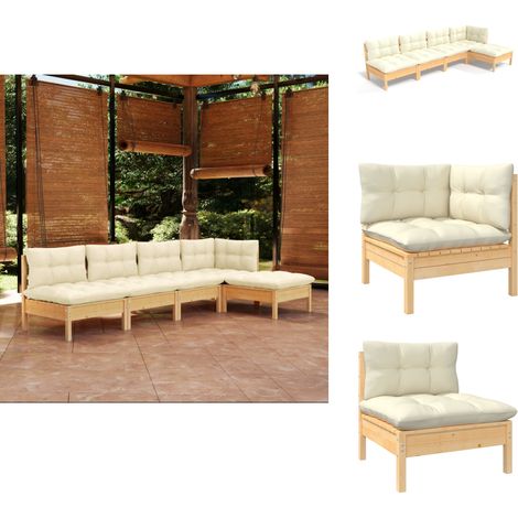 5-tlg. Garten-Lounge-Set mit Creme Kissen Kiefernholz - Garten Lounge Set - Kiefernholz Möbel - Outdoor Möbel - Loungemöbel - Gartengeräte (1/5)