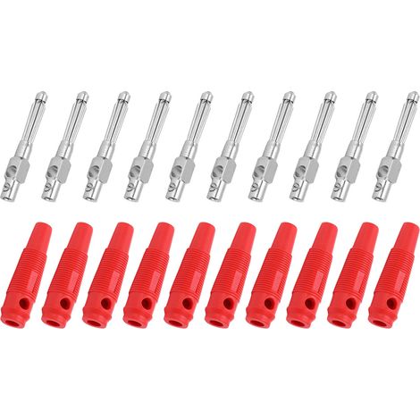 Lot de 10 fiches bananes mâles empilables 4mm 7 broches, cuivre, 1000V 32A, avec gaine souple et serrage à vis, rouges (1/5)