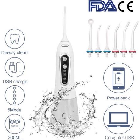 Hydropulseur jet Dentaire Portable,Irrigateur Oral Professionnel IPX7 Étanche,USB Irrigateur Professionnel Rechargeable (Blanc) (1/4)