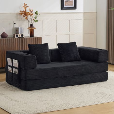 Sofá de suelo, sofá de compresión, sofá cama convertible con respaldo acolchado y reposabrazos, cómoda cama con portavasos y bolsillo lateral, tejido de pana, para sala de estar y dormitorio, color ne (1/5)