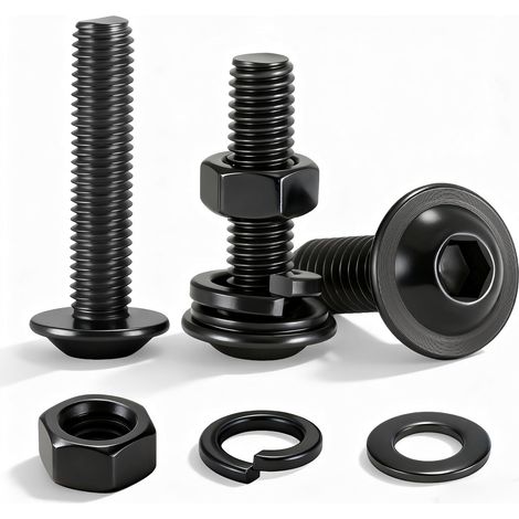 Lot de 20 boulons à tête bombée M6 x 35 mm en acier inoxydable noir avec écrous, rondelles plates et de verrouillage – Kit de boulons Allen en acier inoxydable 304 pour meubles, cadre de lit