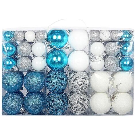 Lot de 100 boules de Noël en plastique robuste pour décoration d'intérieur et d'extérieur - Argent, bleu et blanc (1/3)