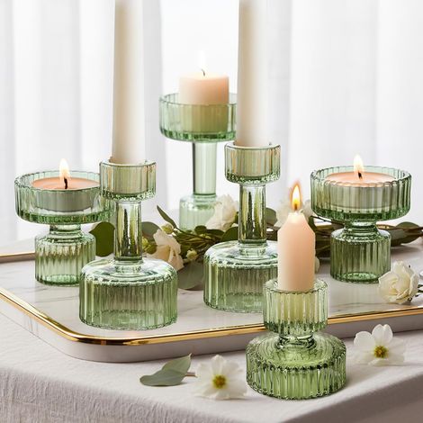 Bougeoirs à Réchauds en Verre Vert,Lot de 6 Miniatures Chandelier Photophore Striées,Bougie Chauffe Plat pour Centres de Table,Mariage,Anniversaire,Fête,Noël Décoration Intérieure,Idée Cadeau (1/5)