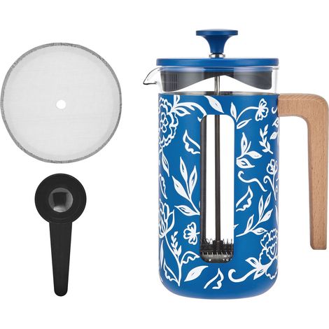 La Cafetière Pisa - Cafetera grande de prensa francesa de 8 tazas con diseño floral, cerámica resistente al calor de 1 L con émbolo de fácil agarre, ideal para té suelto y café molido, Blu Fiorato