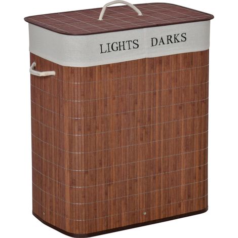 Cesta para la ropa 100 L de bambú con tapa y 3 asas 52 x 32 x 63 cm marrón y blanco (1/5)