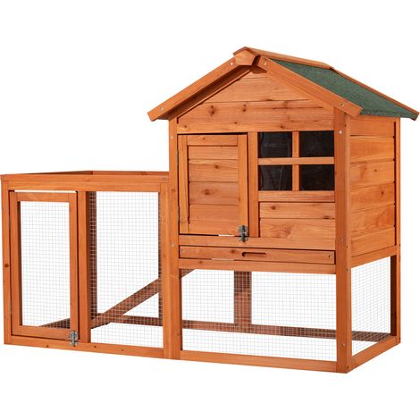Wiltec Hasenstall 1220 x 630 x 920 mm mit Freilaufgehege und erhöhtem Unterschlupf aus Fichtenholz, Kaninchenkäfig mit 2 Etagen, Kleintierstall