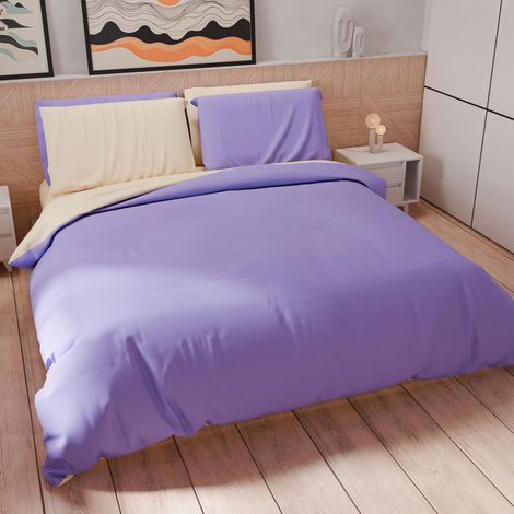 Parure de lit 2 Places Maxi 260 x 220 cm 2 taies d'oreiller 75 x 50 cm incluses, Housse de Couette Douce Microfibre Couleur Unie Lilas - crème (1/5)
