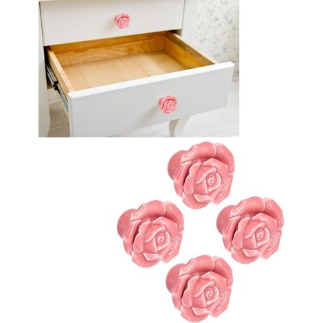 4 lots vendus chacun de poignées en céramique à motifs de roses pour armoires et penderies, style dessin animé moulé à la main, style minimaliste moderne européen, rose. (1/5)