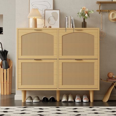 Armadio Scarpe 100x90x25 cm con Porte in Rattino Aperto, Struttura Rinforzata e Piedi in Legno Massello, Ideale per Corridoi Stretti - Colore Quercia (1/5)