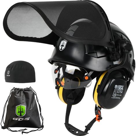 Casque de protection pour tronçonneuse - Système 5 en 1 avec protection du visage en maille - Visière et cache-oreilles intégrés - Ventilé - Pour le travail du bois et le (1/5)