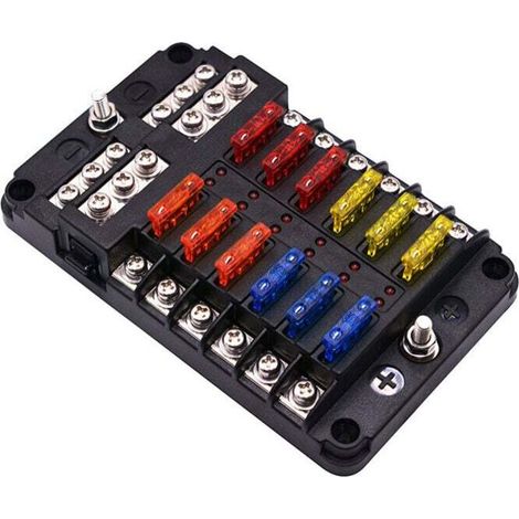 6/12 Way 12V Fuse Box, Blade Fuse Holder Blocks with 16 Fuses, 6 LED Indicators, Protective Cover for 12V/24V Car, Boat, Marine, Truck, SUV (12 Way) (1/4)