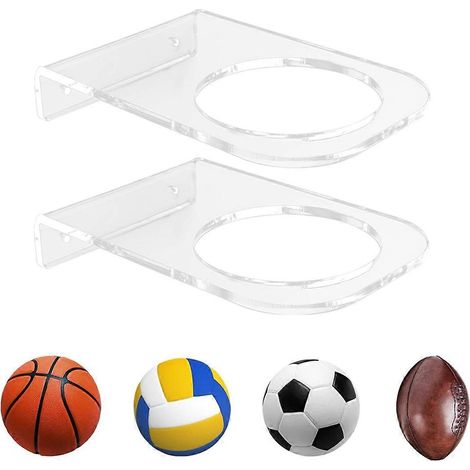 Deux présentoirs muraux en acrylique pour ballons de football avec paniers de basket. (1/5)