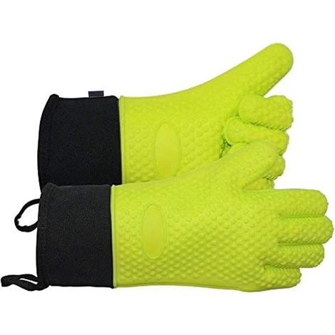 1 paire de maniques de four résistantes à la chaleur, longues, antidérapantes et imperméables, pour hommes et femmes, en silicone noir et vert. (1/5)