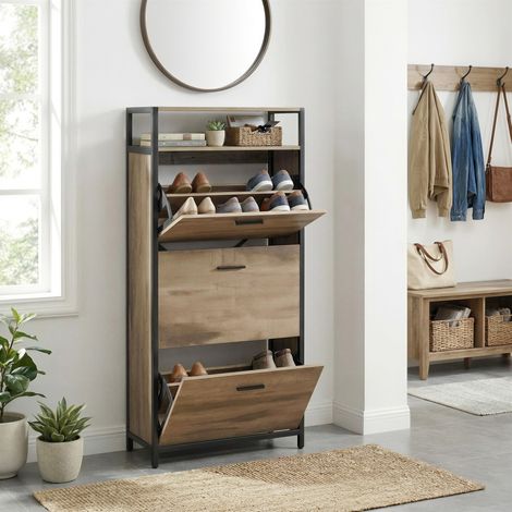 Armoire à Chaussures Mince, avec 3 Abattants, Capacité 12-18 Paires, Anti-poussière, 30 x 60 x 130 cm, Marron et Noir (1/5)