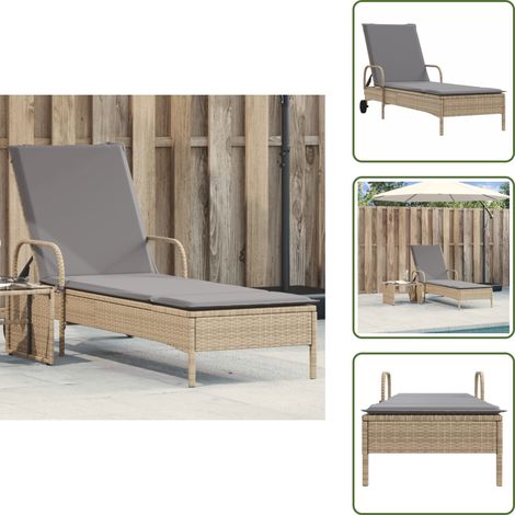 The Living Store Chaise longue avec roues et coussin beige résine tressée - Chaises Longues - Chaises Longues Pliantes - Transats - Lit De Bronzage - Mobilier De Jardin