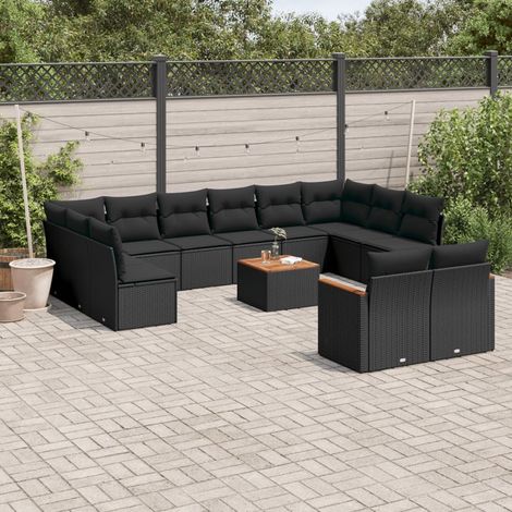 13-tlg. Garten-Sofagarnitur mit Kissen Schwarz Poly Rattan (1/3)