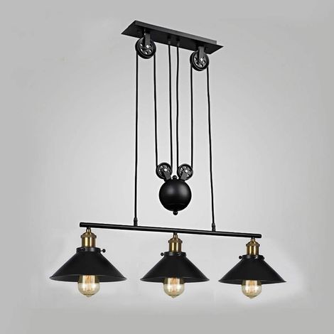 L'ascenseur de poulie de lampe de style industriel rétro peut être ajusté en hauteur, lustre noir en fer forgé à 3 lumières, Peut être utilisé dans le café du bar de la cuisine du restaurant (1/5)