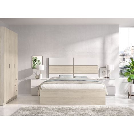 DEKIT GRUPO RIMOBEL ASTRA PACK - CONJUNTO DE CABEZAL CON DOS MESITAS DE 2 CAJONES, ARO CAMA DE 135/140X190 Y ARMARIO DE 3 PUERTAS Y 2 CAJONES - BLANCO / NATURAL