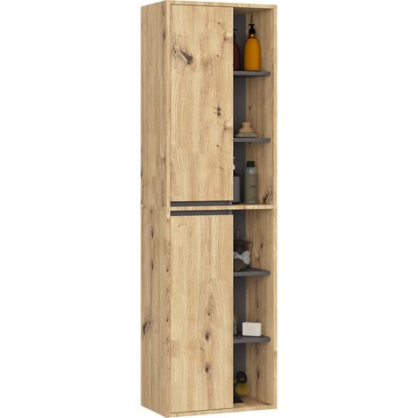 Akord – Colonne salle de bains suspendue chêne artisan et gris graphite 50 cm – 2 portes – 10 étagères – Armoire murale 170 cm (1/5)