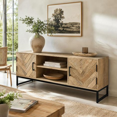 Meuble TV en bois de manguier 2 portes BRIX (1/4)
