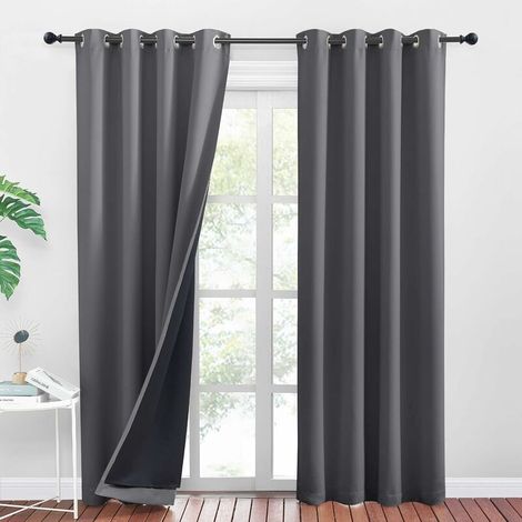 Blackout Curtains - Opaque Gray Curtains Anti Cold Thermal Insulation Eyelet Curtain Noise Deadening Heavy Fabric UV Resistant Windproof, 132 x 210cm, Grey, 2 Pieces (1/5)