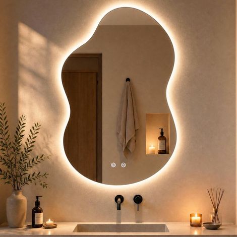 Miroir de Salle de Bain avec éclairage asymétrique 90 x 60 cm, Miroir LED avec 3 Couleurs de lumière à intensité Variable, Verre trempé, Interrupteur Tactile, Fonction mémoire, Anti-buée (1/5)