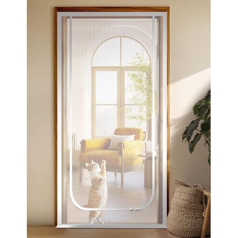 Porte moustiquaire pour chat – 90x200 cm – Blanche – Maille anti-rayures – Fermeture éclair – Protection (1/5)