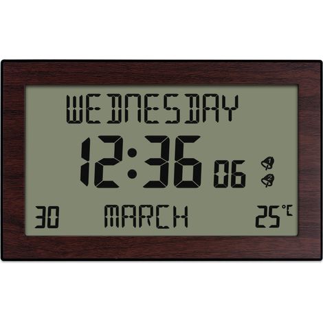 HORLOGE CALENDRIER : DATE, JOUR DE LA SEMAINE, HEURE + TEMPERATURE - GRANDS CARACTÈRES - Télécommande - 2 alarmes - Effet bois - 24cm 16cm cm