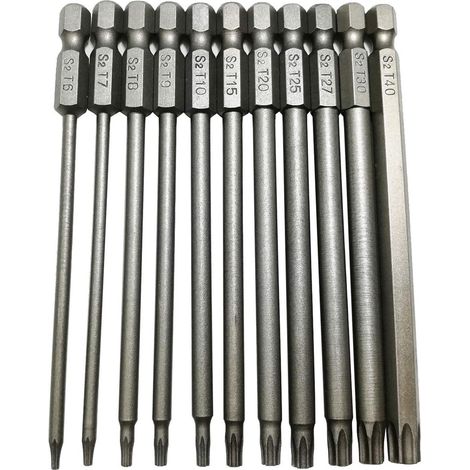 Lot de 11 embouts Torx longs 100 mm,Embouts de vissage Torx creux de sécurité en acier S2,T6 à T40,Queue hexagonale (1/5)