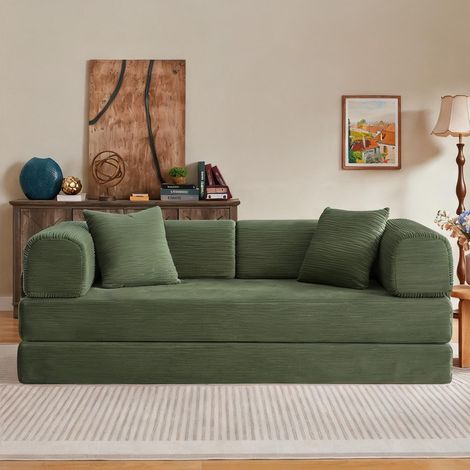 Canapé convertible 2 places vert avec 2 coussins et matelas 17 cm (1/5)