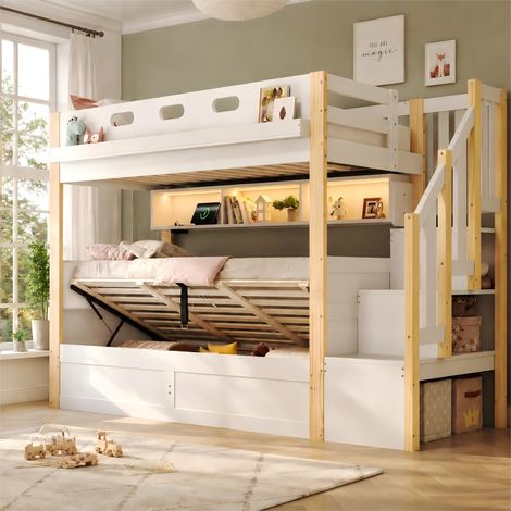 Lit superposé avec lit inférieur hydraulique, lit mezzanine en bois massif, lit enfant, 90 x 200 + 90 x 200 cm, lit en bois, avec bande lumineuse LED, port USB, escalier de rangement, tête de lit remb (1/5)