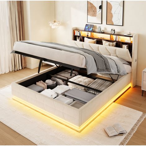 Lit 160x200 cm en velours beige avec tête de lit de rangement, LED, USB/Type-C et sommier à lattes