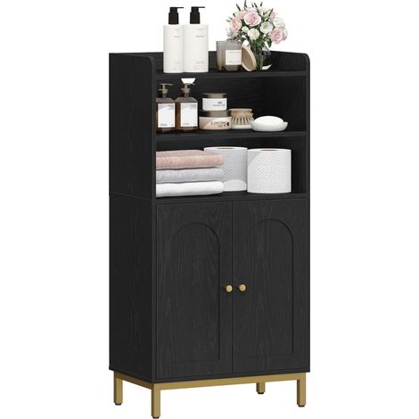 Meuble de Salle de Bain, Armoire de Salle de Bain, Meuble de Rangement avec 2 Portes, avec Compartiment Ouvert, Étagères Réglables, 30 x 50 x 100 cm, Noir-Doré (1/5)