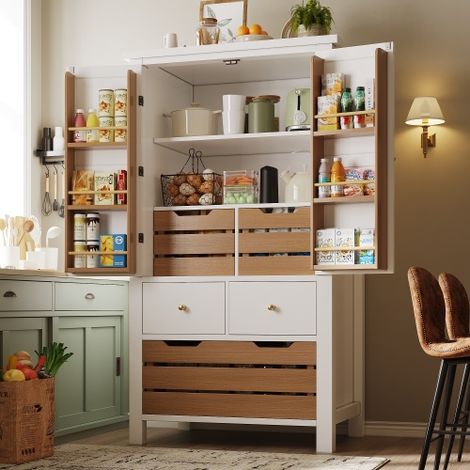 Buffet haut 80x40x140 cm avec 2 portes et 5 tiroirs, porte-épices, étagères de rangement, en MDF, blanc et marron (1/5)