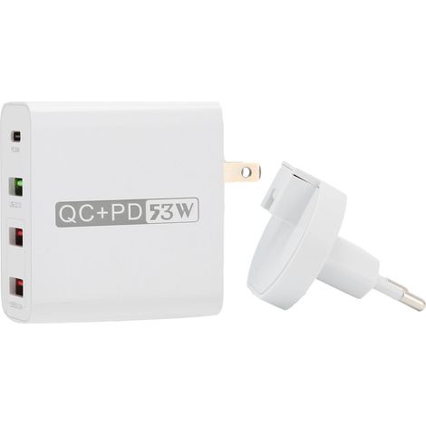 Faltbarer 4-Port-USB-Reiselader (53 W) – 20 W Schnellladefunktion (PD) QC3.0 – EU/US-Netzteil (100–240 V)