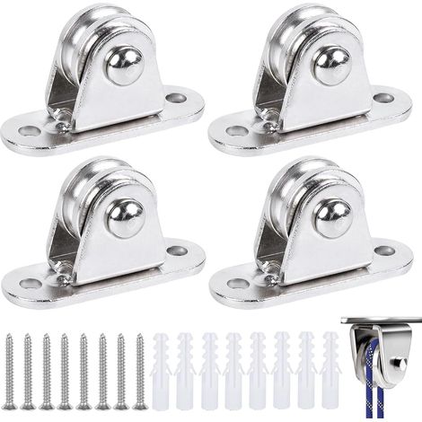Lot de 4 poulies de renvoi pour cordes, poulies de déviation, poulie avec roulement duplex, poulie avec roulements à billes, avec 8 vis et 8 douilles en plastique blanc, poulie pour la maison (1/5)