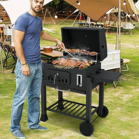 Barbecue à Charbon avec 2 Tables Latérales Pliantes Barbecue de 60CM avec Surface de Cuisson de 0,35 ㎡ Plateau à Charbon à 6 Positions Noir (1/2)