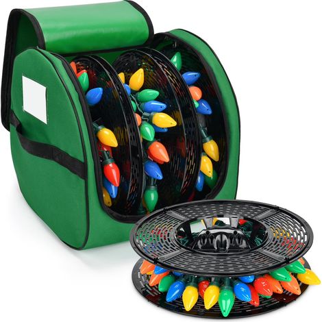 Sac de rangement pour guirlandes lumineuses de Noël en tissu Oxford 600D avec 3 bobines, pouvant contenir jusqu'à 114 m de mini-guirlandes vertes (1/5)