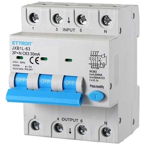Differentialschutzschalter schutzvorrichtung 3P+N 63A 4.5kA 30mA 380V 4 Modules DIN Ettroit JXB1L-63-3P+N-63A