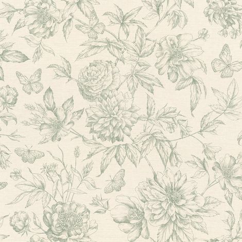 Papier peint intissé blanc crème avec motif floral vintage vert 10,05 x 0,53 (L x l) (1/5)
