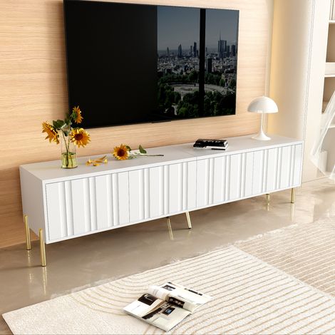 Weißer TV-Schrank, geriffeltes Türdesign, 8 Ablagefächer + 4 Türen, goldene Beine, 190L x 38B x 48H cm